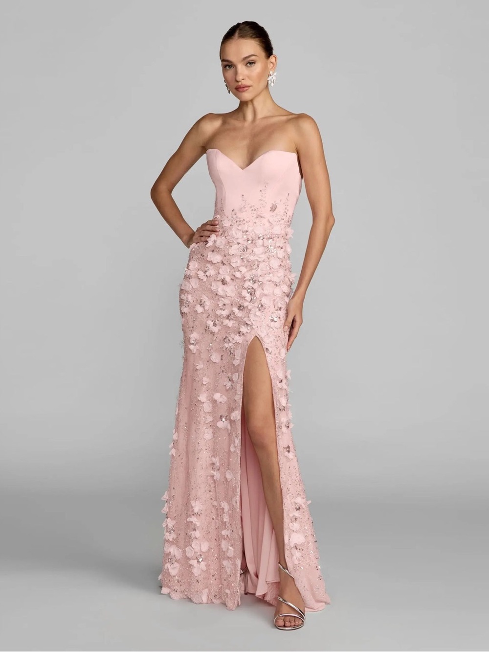 MAC DUGGAL Pink Size 8 3D Floral Strapless Sweetheart Gown With Slit Dress
